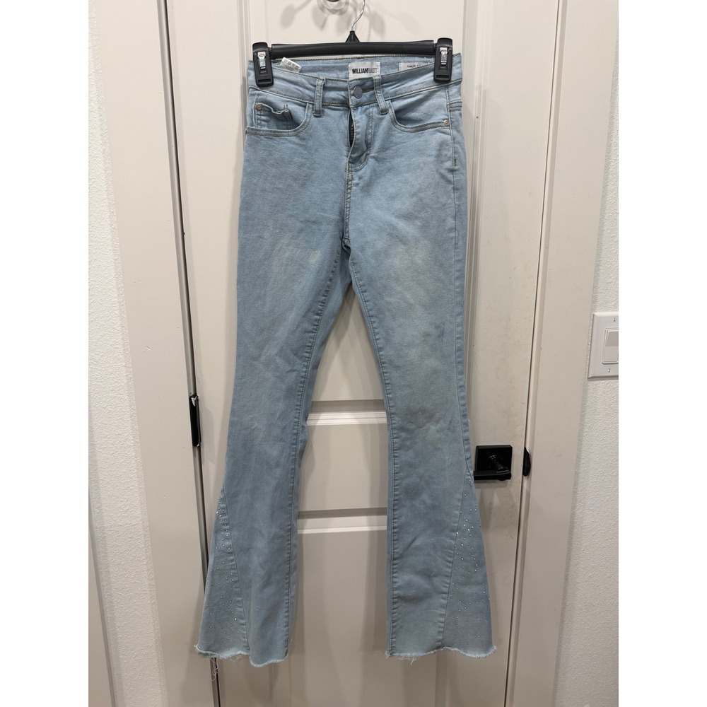 William Rast Flawless Flare Jeans Light Wash Rhinestone Raw Hem Womens Size 24